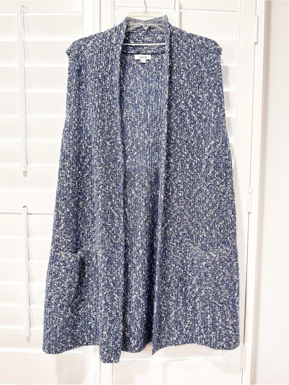 Kensie Blue Marled Open Front Knit Cardigan Sweater Pockets Large Sleeveless